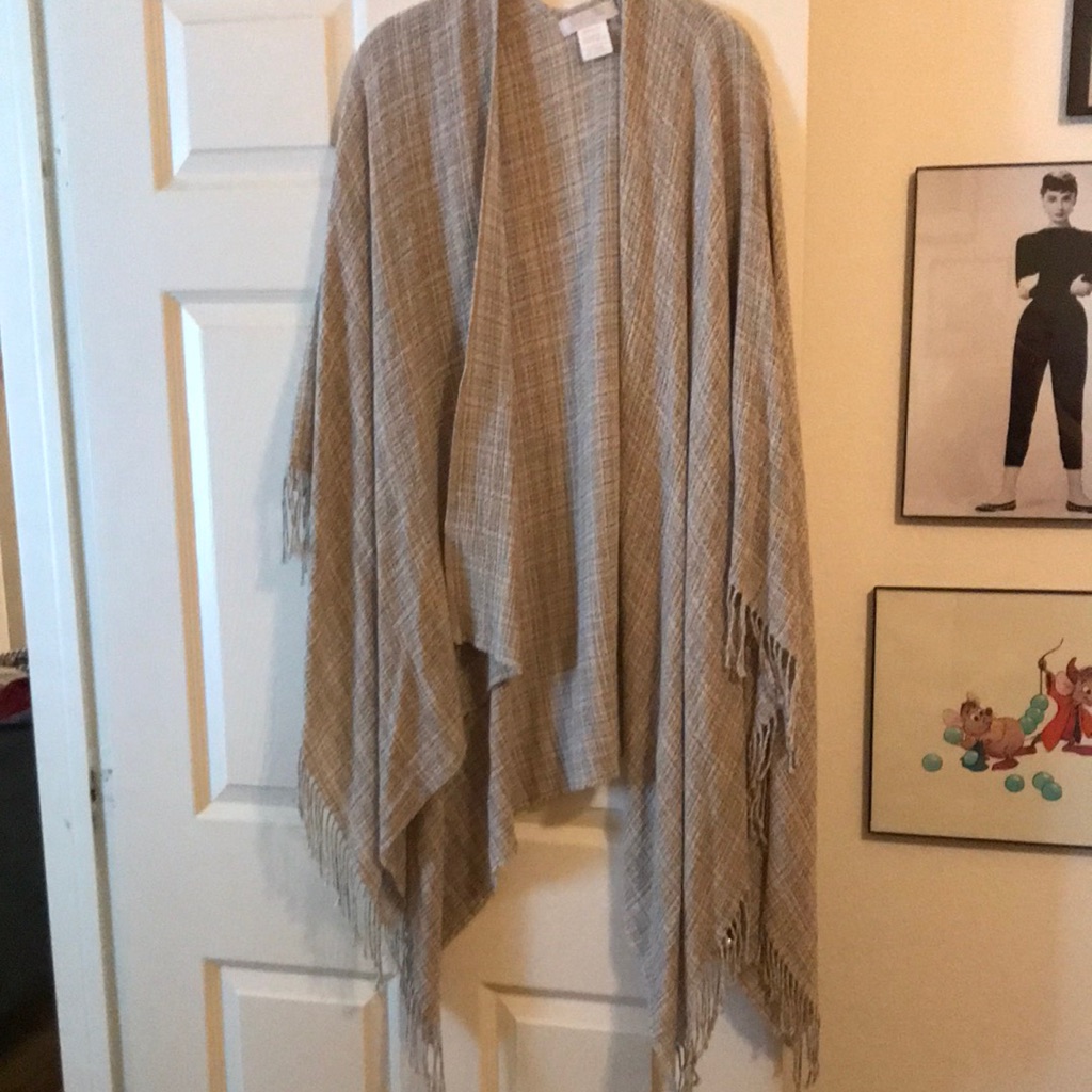 Beige Fringe Plaid Poncho Wrap Made In Italy